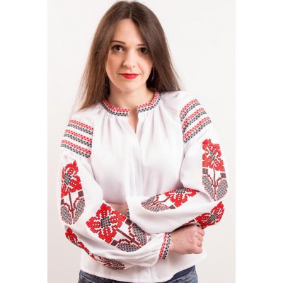 Embroidered blouse "Flower Fantasy" red on white